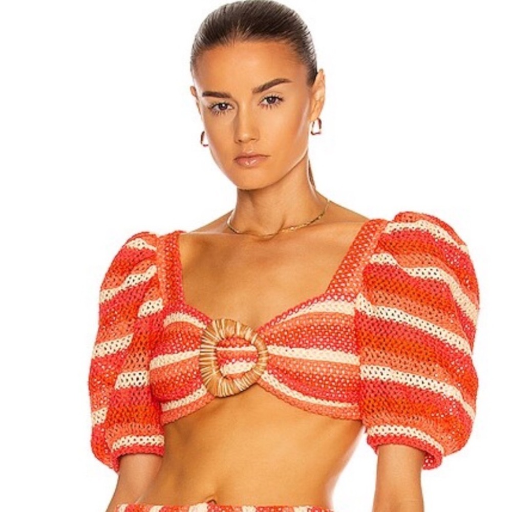 PatBO Striped Crochet Cropped Top Size 4 Orange Puff Sleeve - Picture 1 of 11